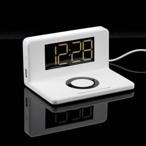 Часы настольные с беспроводным зарядным устройством Pitstop, белые фото 11