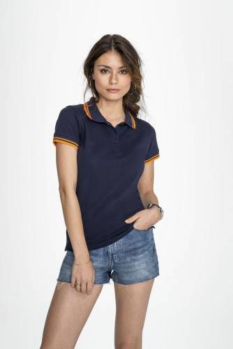 Рубашка поло женская Pasadena Women 200 с контрастной отделкой, темно-синяя (navy) с неоново-оранжевым фото 7