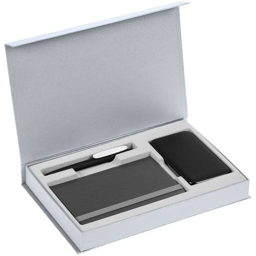 Коробка Silk с ложементом под ежедневник 10x16 см, аккумулятор и ручку, серебристая фото 4