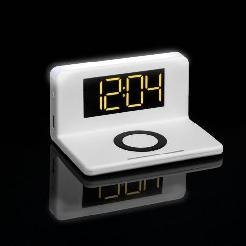 Часы настольные с беспроводным зарядным устройством Pitstop, белые фото 9