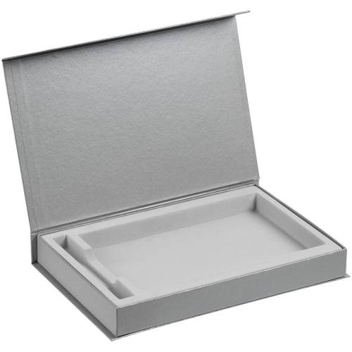 Коробка Silk с ложементом под ежедневник 13x21 и ручку, серебристая фото 3