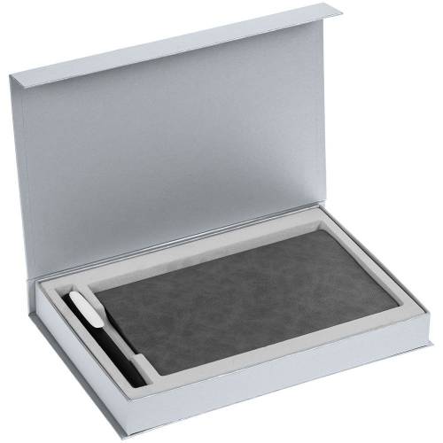 Коробка Silk с ложементом под ежедневник 13x21 и ручку, серебристая фото 4
