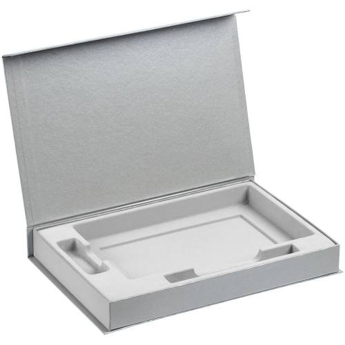 Коробка Silk с ложементом под ежедневник 13x21 см, флешку и ручку, серебристая фото 3
