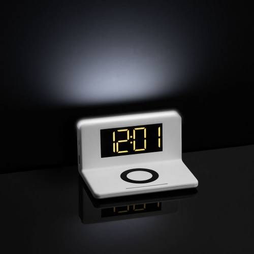 Часы настольные с беспроводным зарядным устройством Pitstop, белые фото 10