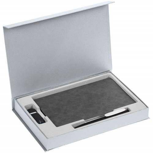 Коробка Silk с ложементом под ежедневник 13x21 см, флешку и ручку, серебристая фото 4