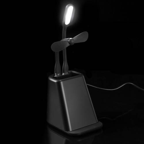 Настольный органайзер с зарядкой, лампой, вентилятором и подсветкой лого powerTower, черный фото 10
