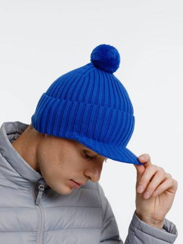 Вязаная шапка с козырьком Peaky, синяя (василек) фото 8