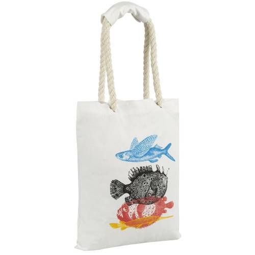 Холщовая сумка с ручками-канатами «Морские обитатели», белая фото 3