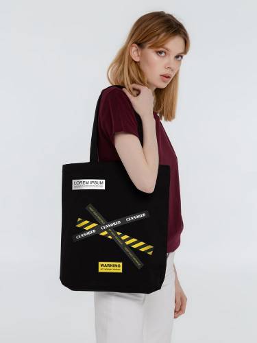 Холщовая сумка с термонаклейками Cautions, черная фото 6
